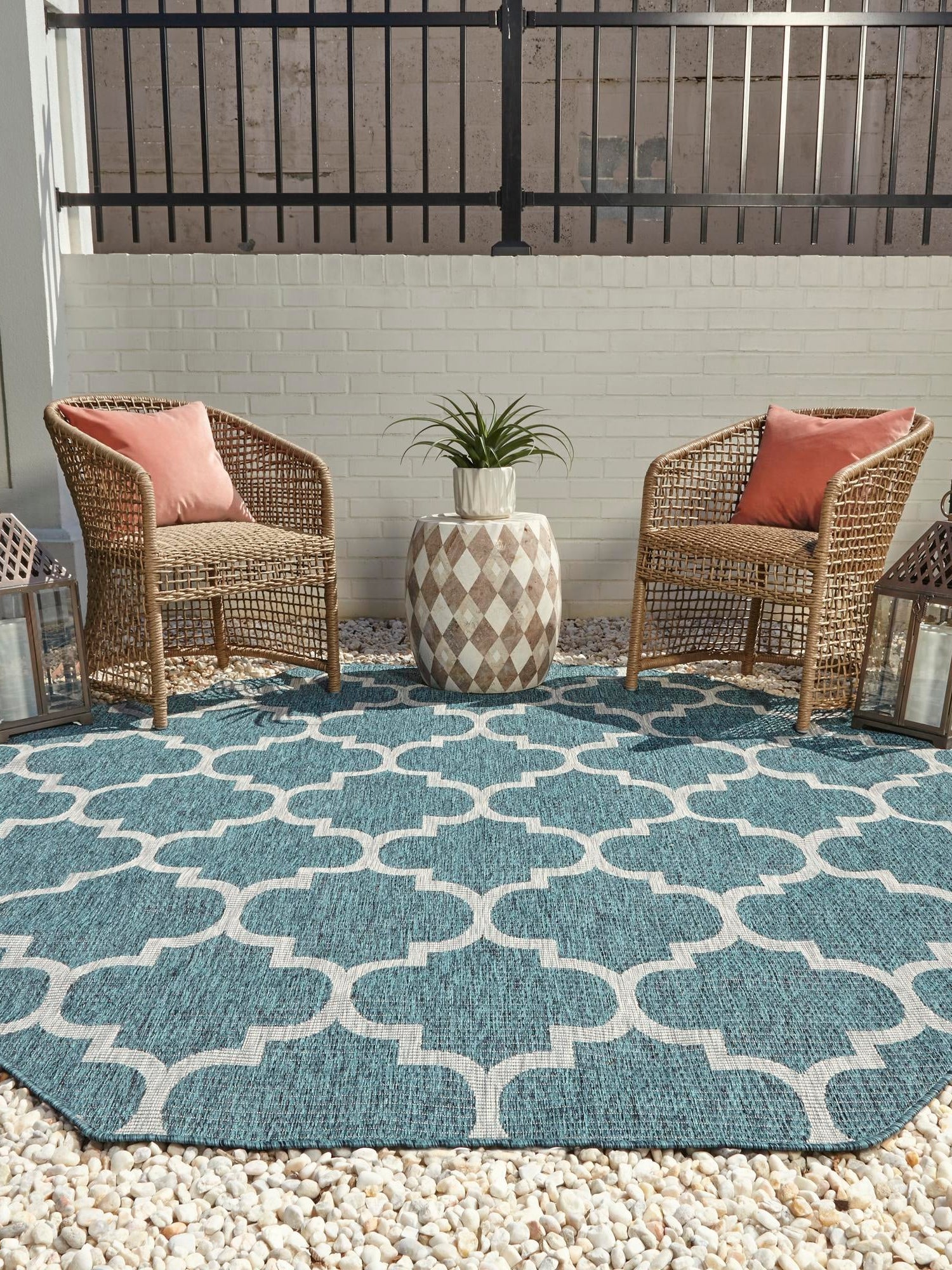 Teal 7' 10 x 7' 10 Outdoor Trellis Octagon Area Rug Weather Resistant for Patio, Deck, Terrace, Balcony, Porch Geometric Design Water Safe Outside Carpet for Sale at Rug Engine