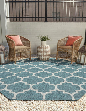 Teal 7' 10 x 7' 10 Outdoor Trellis Octagon Area Rug Weather Resistant for Patio, Deck, Terrace, Balcony, Porch Geometric Design Water Safe Outside Carpet for Sale at Rug Engine