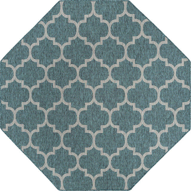 Teal 7' 10 x 7' 10 Outdoor Trellis Octagon Area Rug Weather Resistant for Patio, Deck, Terrace, Balcony, Porch Geometric Design Water Safe Outside Carpet for Sale at Rug Engine