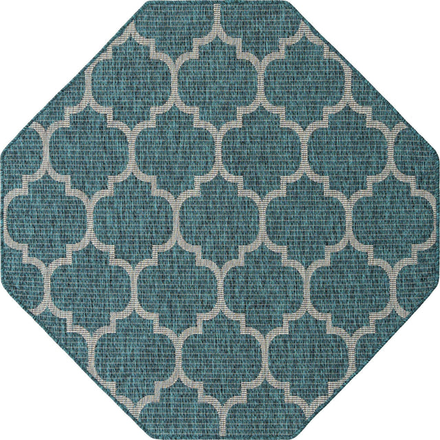 Teal 5' 3 x 5' 3 Outdoor Trellis Octagon Area Rug Weather Resistant for Patio, Deck, Terrace, Balcony, Porch Geometric Design Water Safe Outside Carpet for Sale at Rug Engine