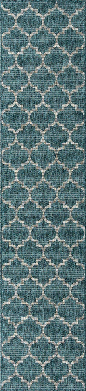 Teal 2' 7 x 12' Outdoor Trellis Runner Area Rug Weather Resistant for Patio, Deck, Terrace, Balcony, Porch Geometric Design Water Safe Outside Carpet for Sale at Rug Engine
