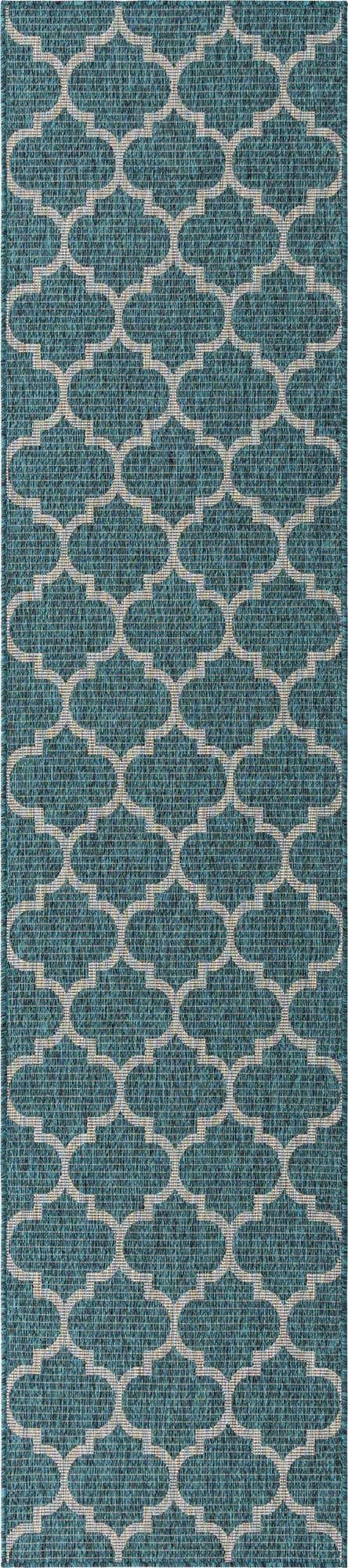 Teal 2' 7 x 12' Outdoor Trellis Runner Area Rug Weather Resistant for Patio, Deck, Terrace, Balcony, Porch Geometric Design Water Safe Outside Carpet for Sale at Rug Engine