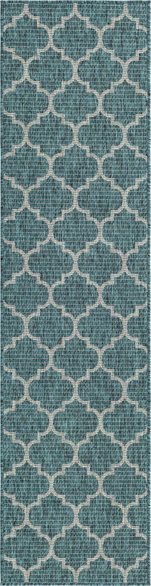 Teal 2' x 8' Outdoor Trellis Runner Area Rug Weather Resistant for Patio, Deck, Terrace, Balcony, Porch Geometric Design Water Safe Outside Carpet for Sale at Rug Engine