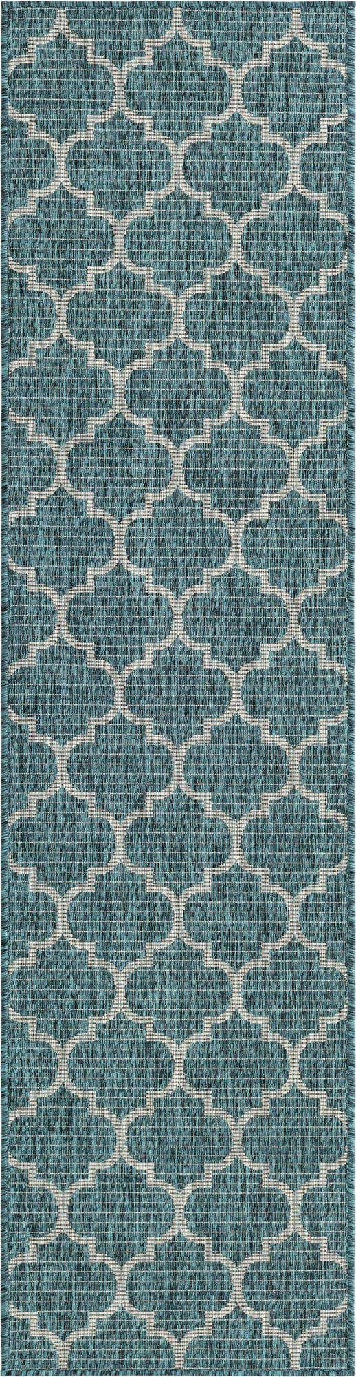 Teal 2' x 8' Outdoor Trellis Runner Area Rug Weather Resistant for Patio, Deck, Terrace, Balcony, Porch Geometric Design Water Safe Outside Carpet for Sale at Rug Engine