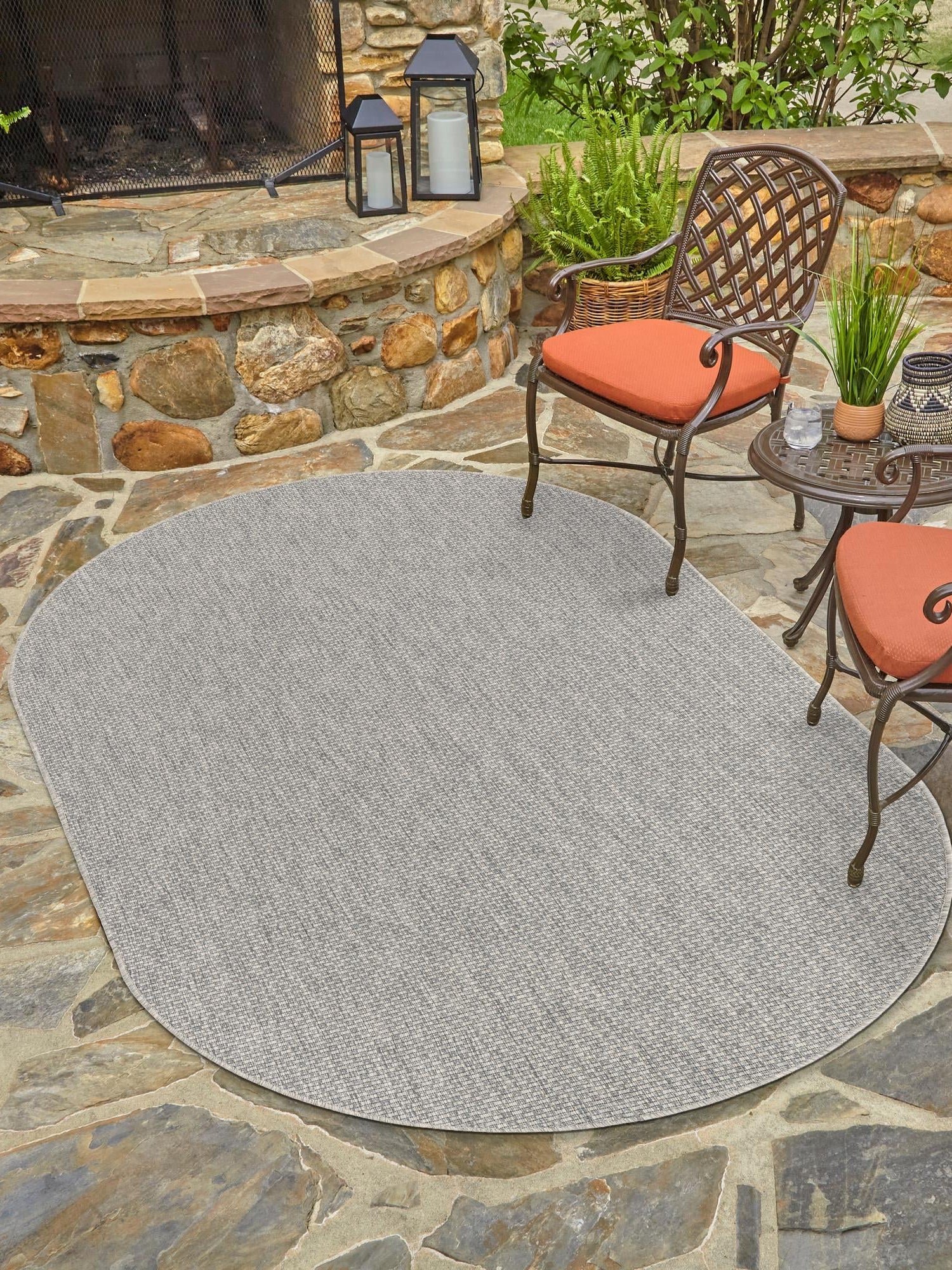 Light Gray 7' 10 x 10' Outdoor Solid Oval Area Rug Weather Resistant for Patio, Deck, Terrace, Balcony, Porch 100% Polypropylene Minimalist Waterproof Carpet for Sale at Rug Engine