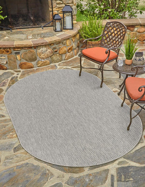 Light Gray 7' 10 x 10' Outdoor Solid Oval Area Rug Weather Resistant for Patio, Deck, Terrace, Balcony, Porch 100% Polypropylene Minimalist Waterproof Carpet for Sale at Rug Engine