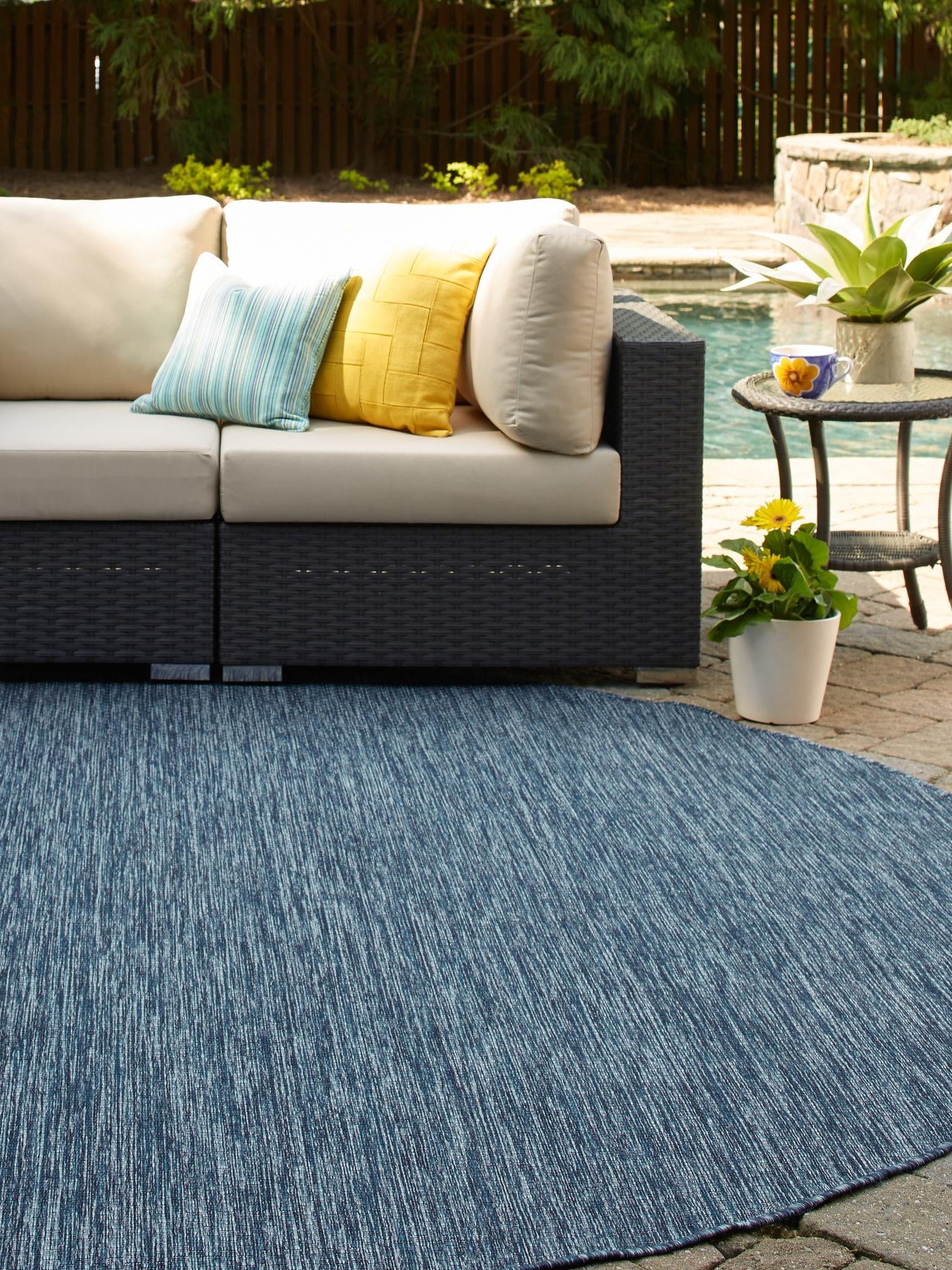 Blue 6' 1 x 6' 1 Outdoor Solid Round Area Rug Weather Resistant for Patio, Deck, Terrace, Balcony, Porch 100% Polypropylene Minimalist Waterproof Carpet for Sale at Rug Engine