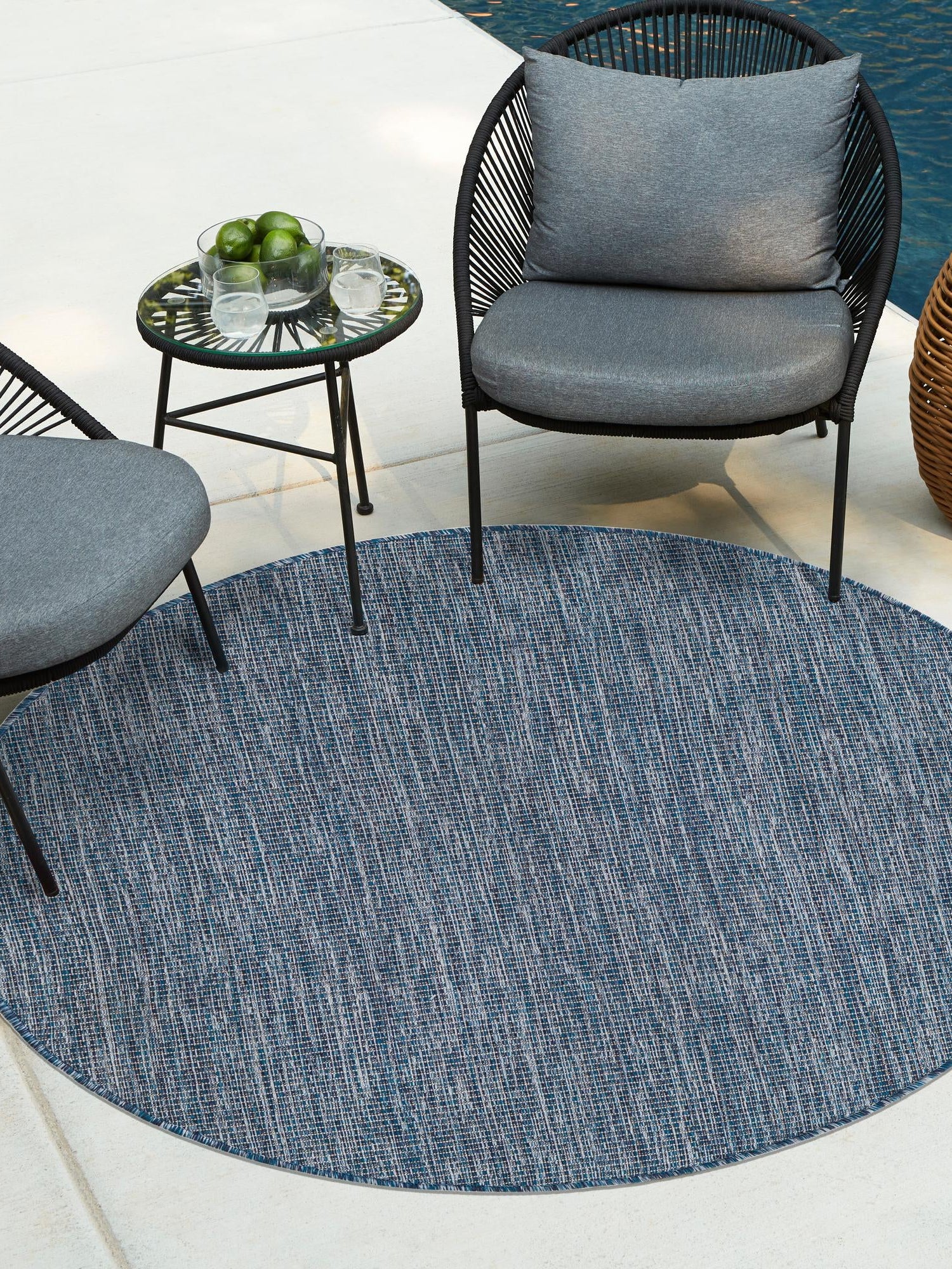Blue 6' 1 x 6' 1 Outdoor Solid Round Area Rug Weather Resistant for Patio, Deck, Terrace, Balcony, Porch 100% Polypropylene Minimalist Waterproof Carpet for Sale at Rug Engine