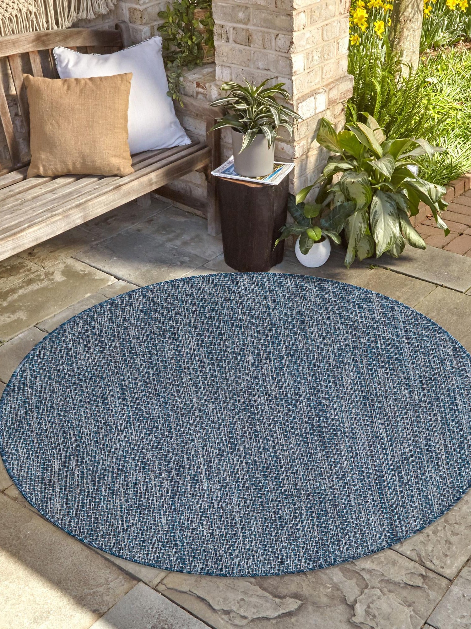 Blue 6' 1 x 6' 1 Outdoor Solid Round Area Rug Weather Resistant for Patio, Deck, Terrace, Balcony, Porch 100% Polypropylene Minimalist Waterproof Carpet for Sale at Rug Engine