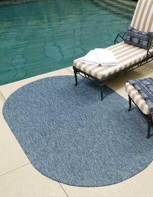 Blue 3' 1 x 5' 3 Outdoor Solid Oval Area Rug Weather Resistant for Patio, Deck, Terrace, Balcony, Porch 100% Polypropylene Minimalist Waterproof Carpet for Sale at Rug Engine