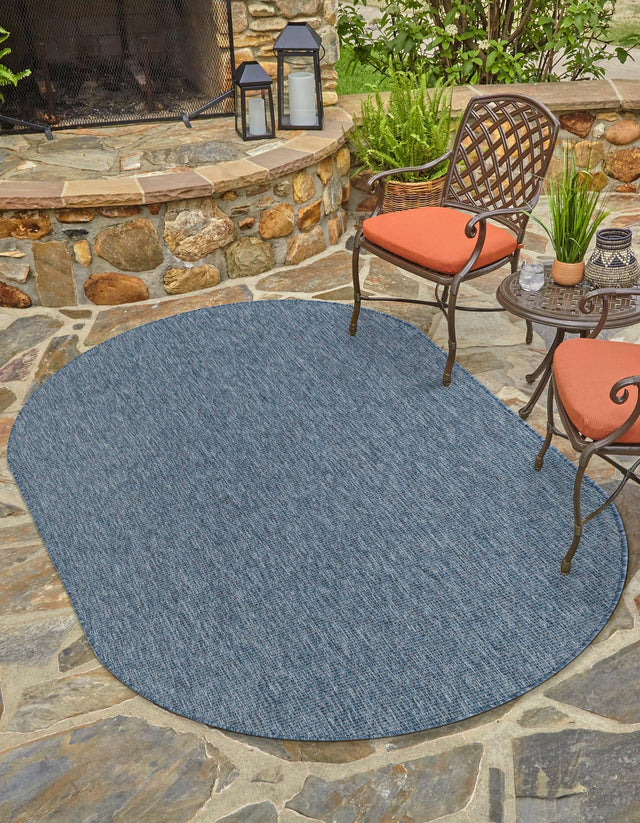 Blue 3' 1 x 5' 3 Outdoor Solid Oval Area Rug Weather Resistant for Patio, Deck, Terrace, Balcony, Porch 100% Polypropylene Minimalist Waterproof Carpet for Sale at Rug Engine