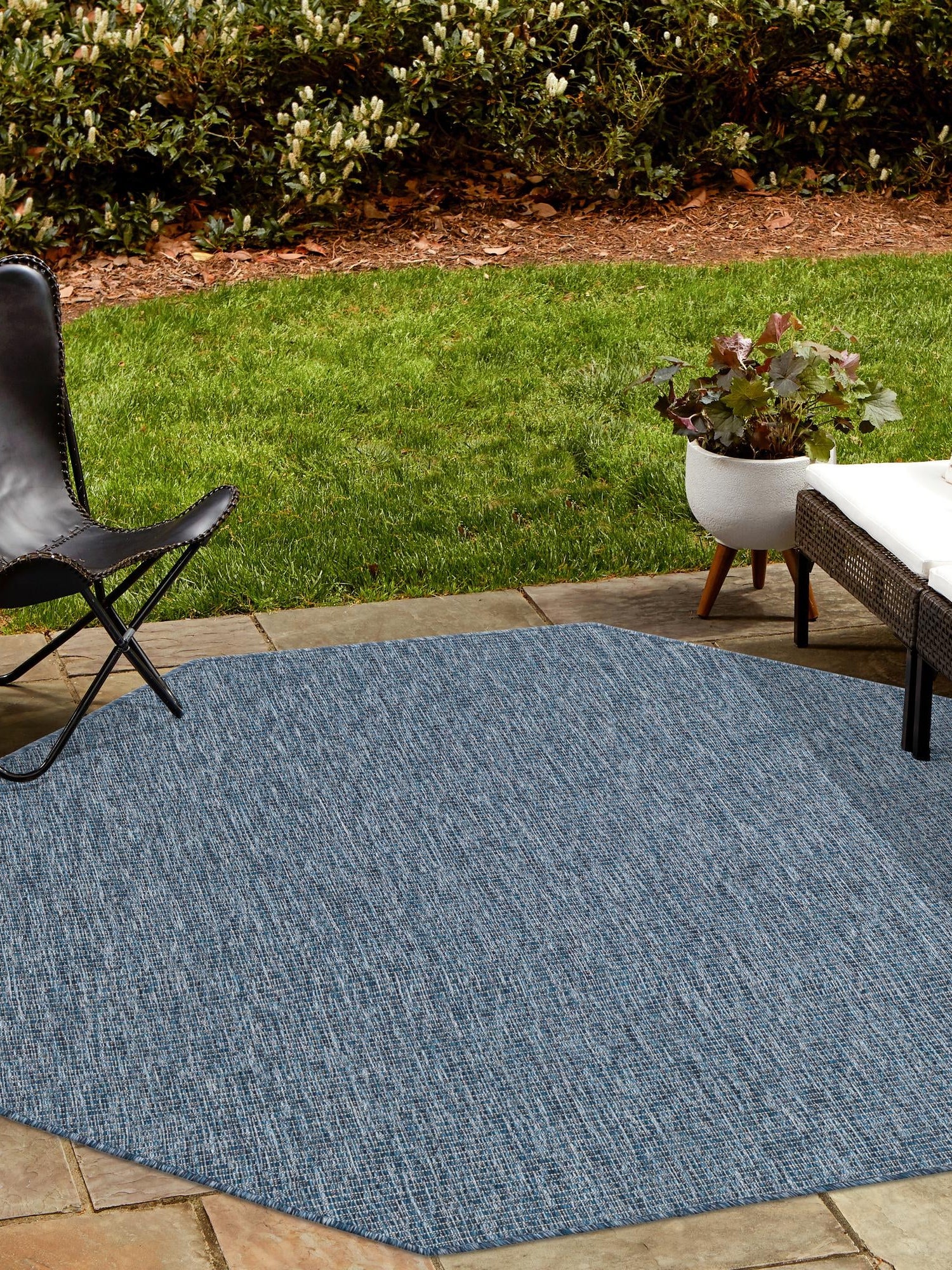 Blue 7' 10 x 7' 10 Outdoor Solid Octagon Area Rug Weather Resistant for Patio, Deck, Terrace, Balcony, Porch 100% Polypropylene Minimalist Waterproof Carpet for Sale at Rug Engine