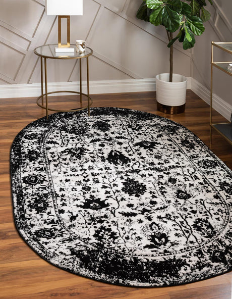 Black and White 3' 1 x 5' 3 Portland Oval Area Rug 85% Polypropylene & 15% Polyester Vintage Distressed Traditional Carpet for Home Decor for Sale at Rug Engine