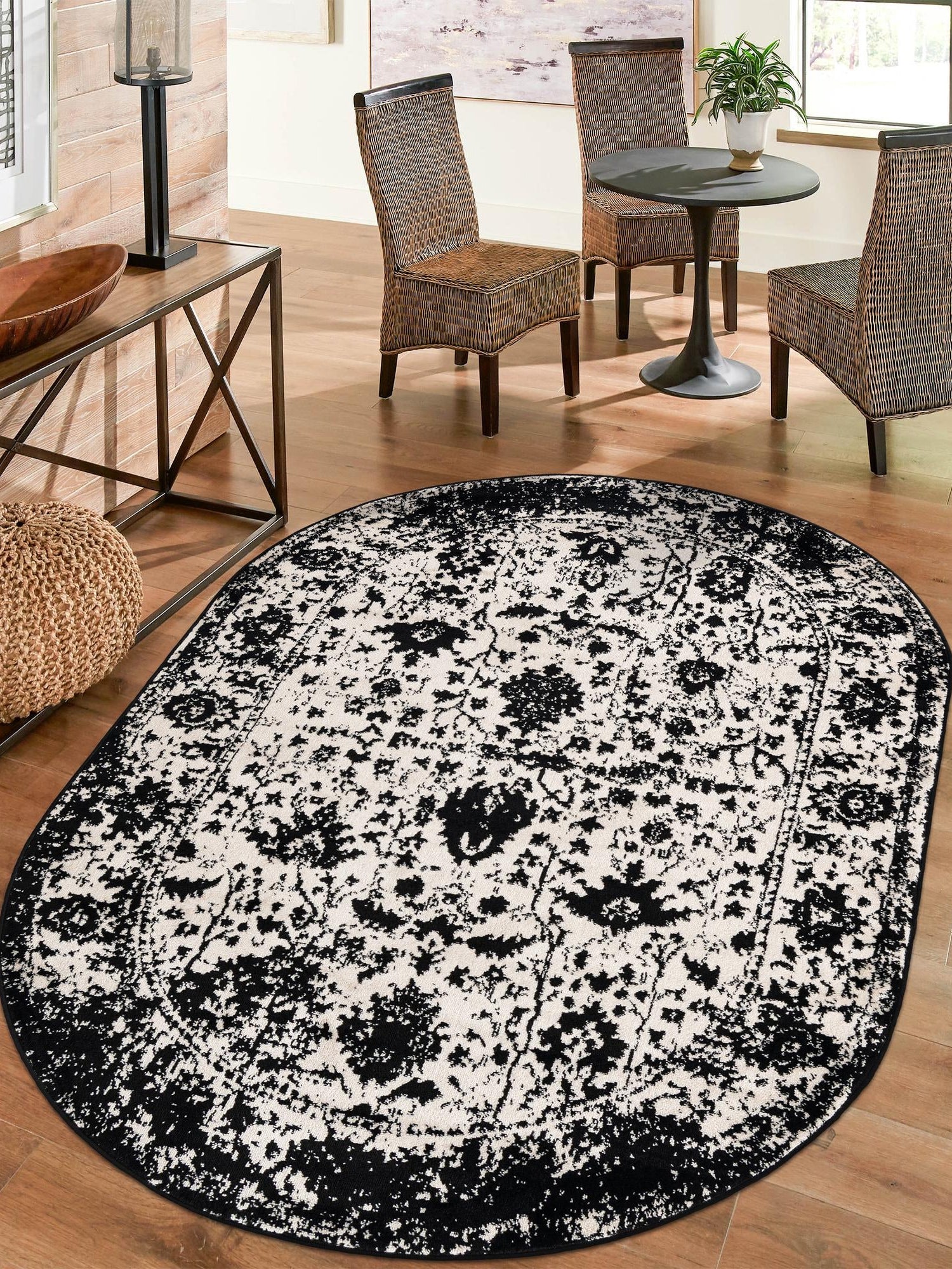 Black and White 5' 3 x 8' Portland Oval Area Rug 85% Polypropylene & 15% Polyester Vintage Distressed Traditional Carpet for Home Decor for Sale at Rug Engine