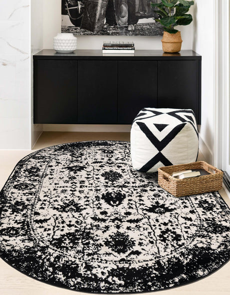 Black and White 5' 3 x 8' Portland Oval Area Rug 85% Polypropylene & 15% Polyester Vintage Distressed Traditional Carpet for Home Decor for Sale at Rug Engine