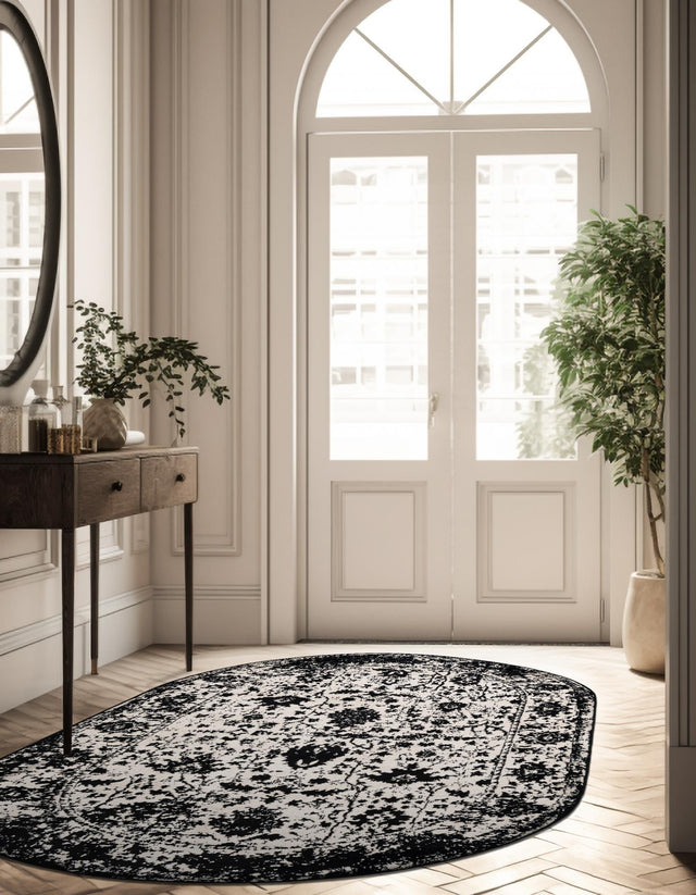 Black and White 3' 1 x 5' 3 Portland Oval Area Rug 85% Polypropylene & 15% Polyester Vintage Distressed Traditional Carpet for Home Decor for Sale at Rug Engine