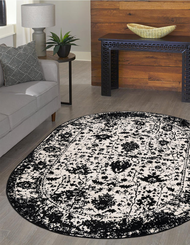 Black and White 5' 3 x 8' Portland Oval Area Rug 85% Polypropylene & 15% Polyester Vintage Distressed Traditional Carpet for Home Decor for Sale at Rug Engine