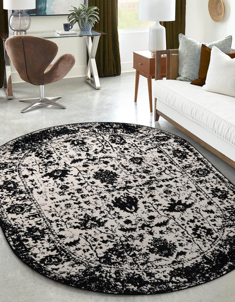 Black and White 5' 3 x 8' Portland Oval Area Rug 85% Polypropylene & 15% Polyester Vintage Distressed Traditional Carpet for Home Decor for Sale at Rug Engine