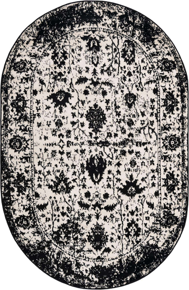 Black and White 5' 3 x 8' Portland Oval Area Rug 85% Polypropylene & 15% Polyester Vintage Distressed Traditional Carpet for Home Decor for Sale at Rug Engine