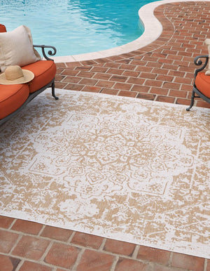 Beige 13' 1 x 13' 1 Jill Zarin Outdoor Square Area Rug Weather Resistant for Patio, Deck, Terrace, Balcony, Porch Durable 100% Polypropylene Carpet for Outside for Sale at Rug Engine