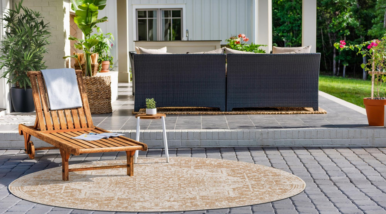 Beige 13' 1 x 13' 1 Jill Zarin Outdoor Round Area Rug Weather Resistant for Patio, Deck, Terrace, Balcony, Porch Durable 100% Polypropylene Carpet for Outside for Sale at Rug Engine