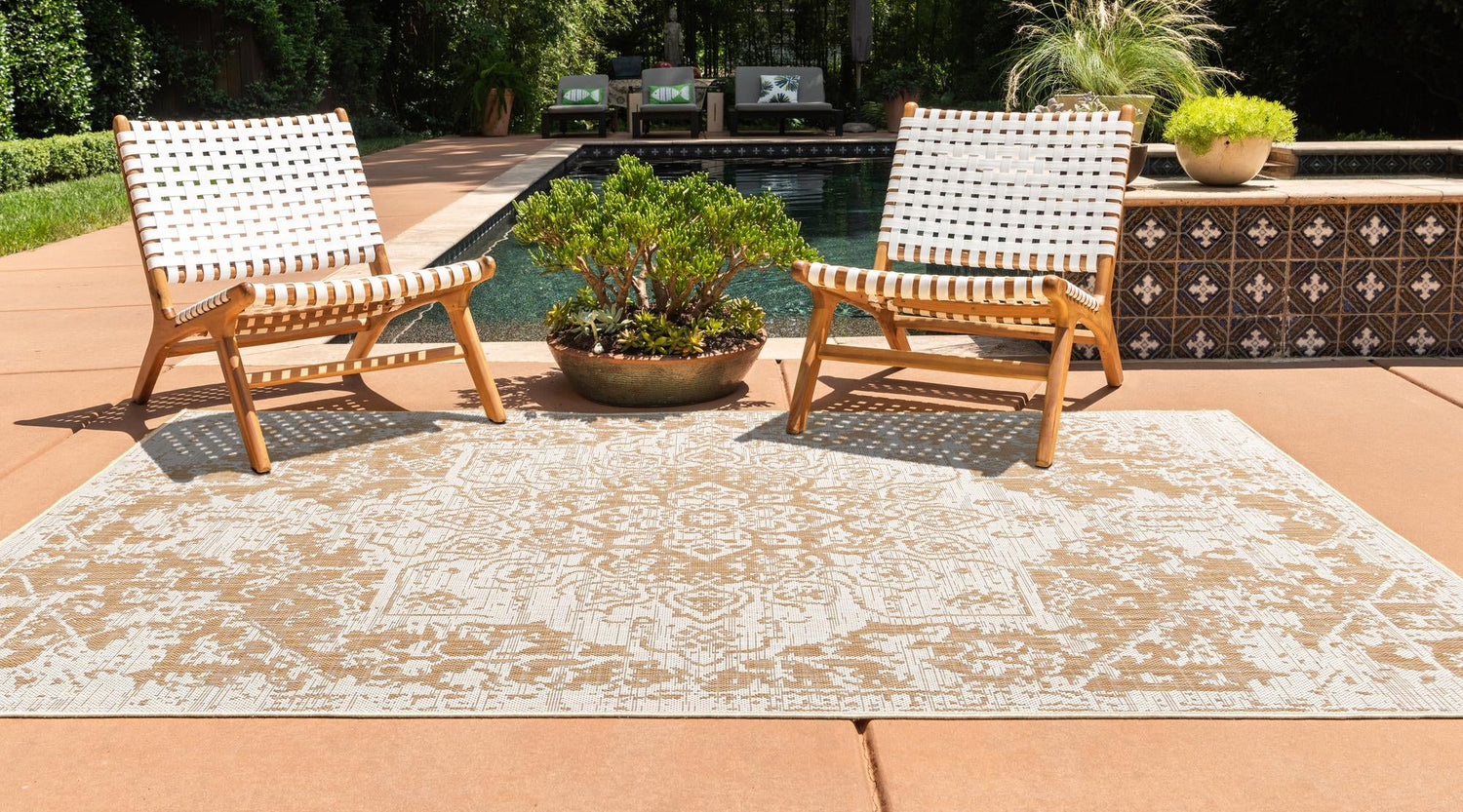 Beige 4' 1 x 6' 1 Jill Zarin Outdoor Rectangle Area Rug Weather Resistant for Patio, Deck, Terrace, Balcony, Porch Durable 100% Polypropylene Carpet for Outside for Sale at Rug Engine