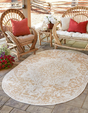 Beige 7' 10 x 10' Jill Zarin Outdoor Oval Area Rug Weather Resistant for Patio, Deck, Terrace, Balcony, Porch Durable 100% Polypropylene Carpet for Outside for Sale at Rug Engine