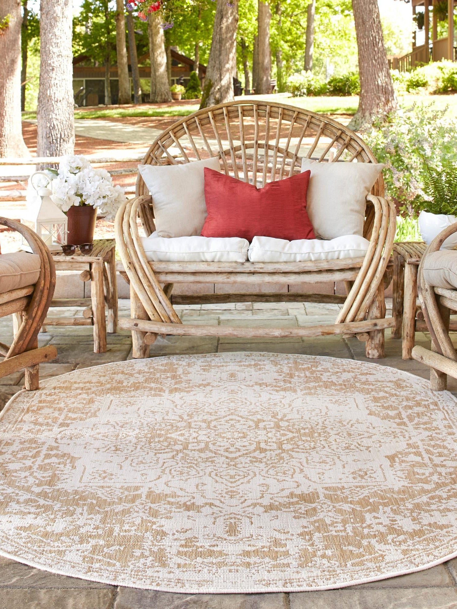 Beige 7' 10 x 10' Jill Zarin Outdoor Oval Area Rug Weather Resistant for Patio, Deck, Terrace, Balcony, Porch Durable 100% Polypropylene Carpet for Outside for Sale at Rug Engine