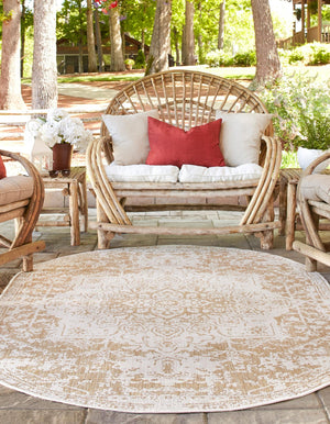 Beige 7' 10 x 10' Jill Zarin Outdoor Oval Area Rug Weather Resistant for Patio, Deck, Terrace, Balcony, Porch Durable 100% Polypropylene Carpet for Outside for Sale at Rug Engine