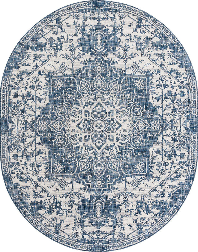 Blue 7' 10 x 10' Jill Zarin Outdoor Oval Area Rug Weather Resistant for Patio, Deck, Terrace, Balcony, Porch Durable 100% Polypropylene Carpet for Outside for Sale at Rug Engine