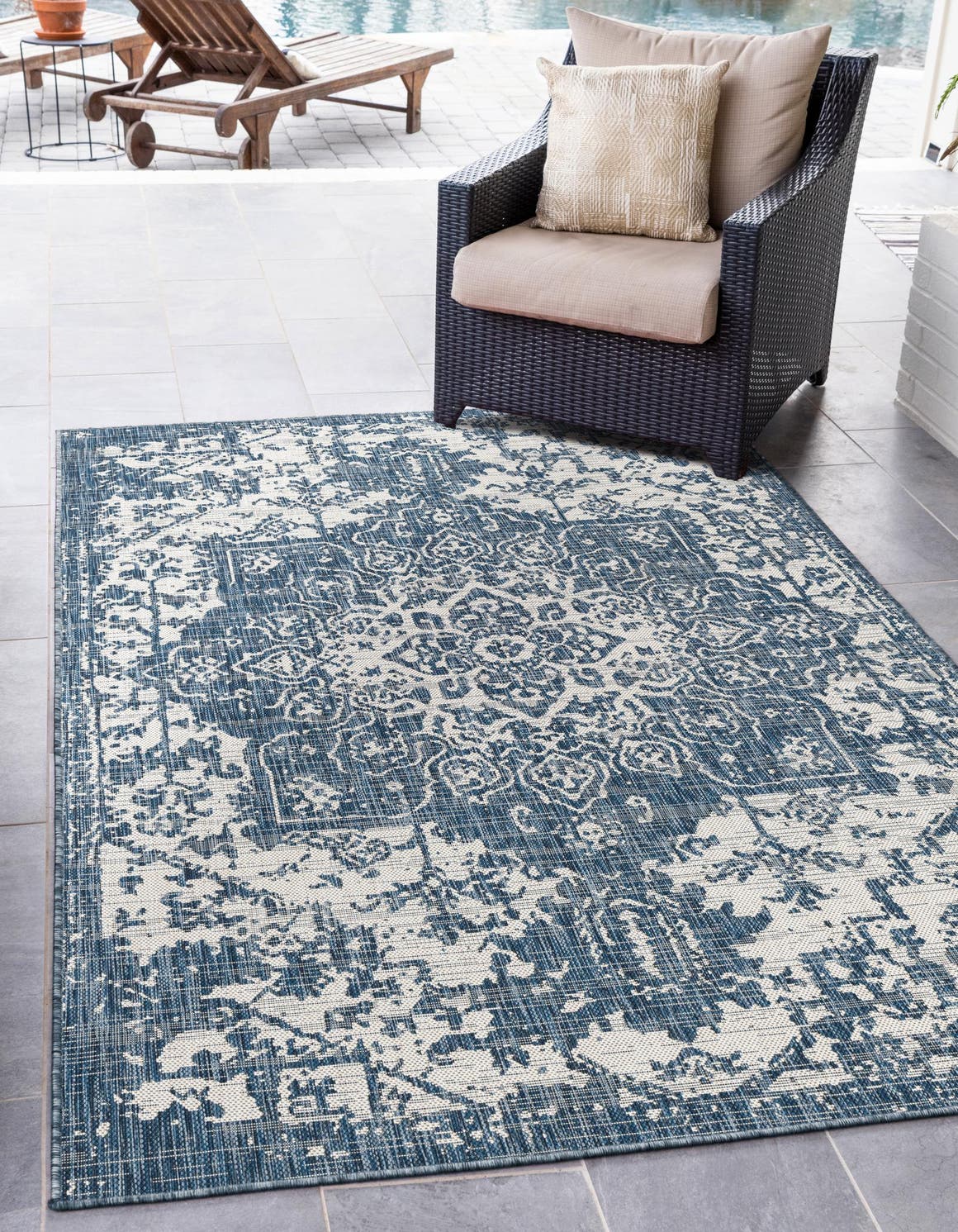 Blue 7' 10 x 10' Jill Zarin Outdoor Rectangle Area Rug Weather Resistant for Patio, Deck, Terrace, Balcony, Porch Durable 100% Polypropylene Carpet for Outside for Sale at Rug Engine