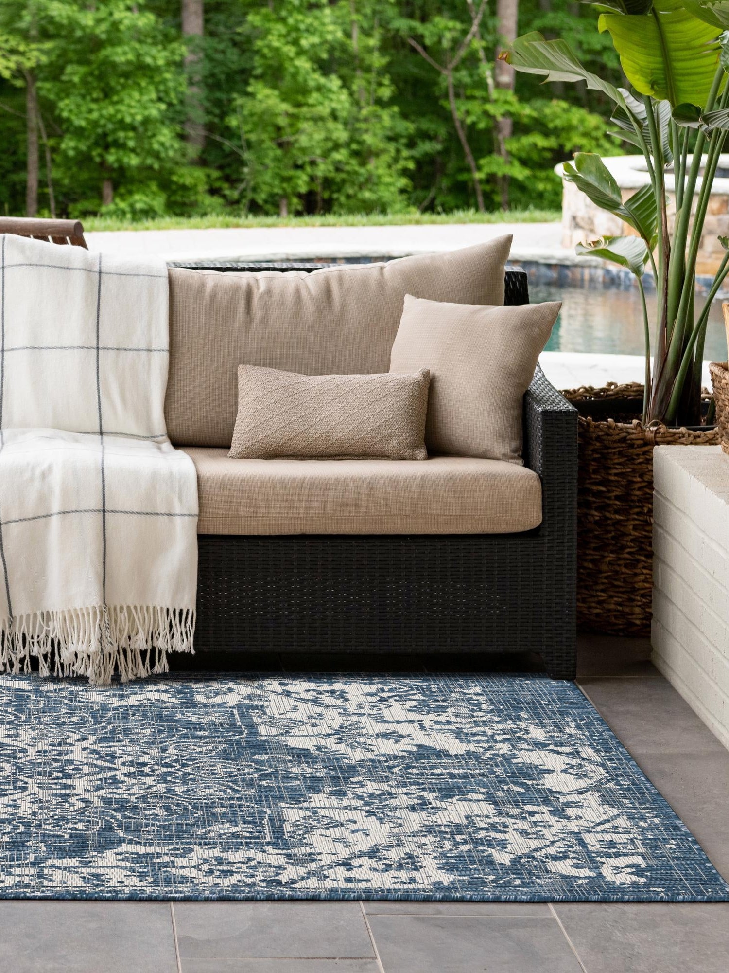 Blue 6' 1 x 9' Jill Zarin Outdoor Rectangle Area Rug Weather Resistant for Patio, Deck, Terrace, Balcony, Porch Durable 100% Polypropylene Carpet for Outside for Sale at Rug Engine