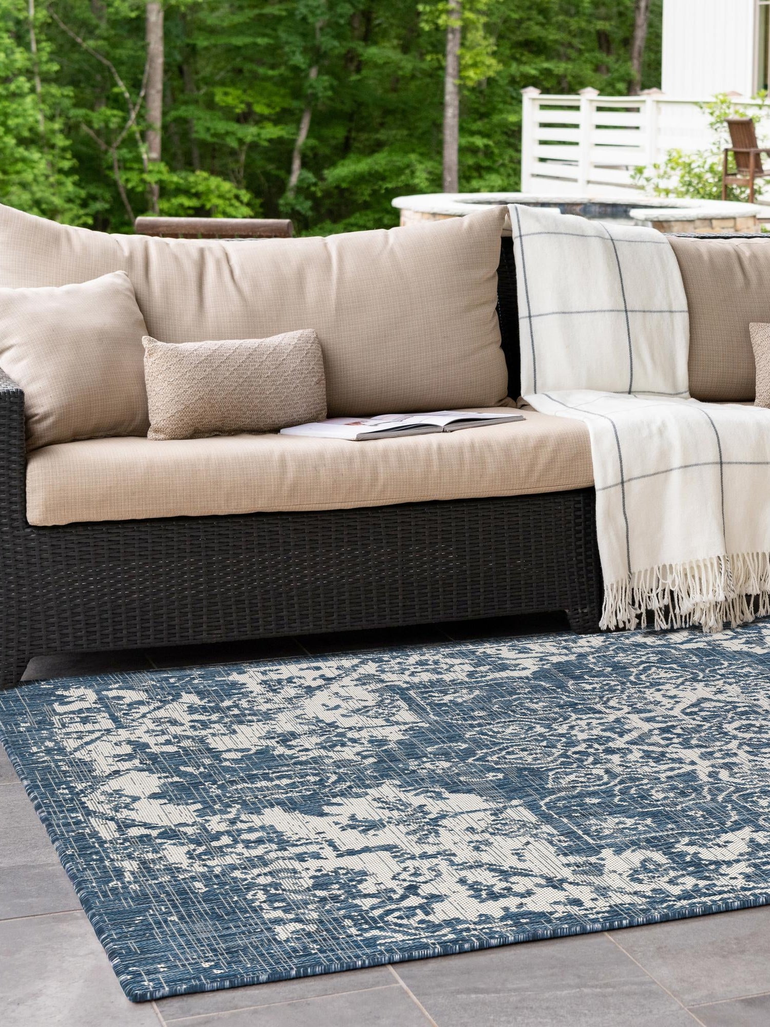 Blue 6' 1 x 9' Jill Zarin Outdoor Rectangle Area Rug Weather Resistant for Patio, Deck, Terrace, Balcony, Porch Durable 100% Polypropylene Carpet for Outside for Sale at Rug Engine