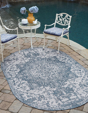 Blue 7' 10 x 10' Jill Zarin Outdoor Oval Area Rug Weather Resistant for Patio, Deck, Terrace, Balcony, Porch Durable 100% Polypropylene Carpet for Outside for Sale at Rug Engine