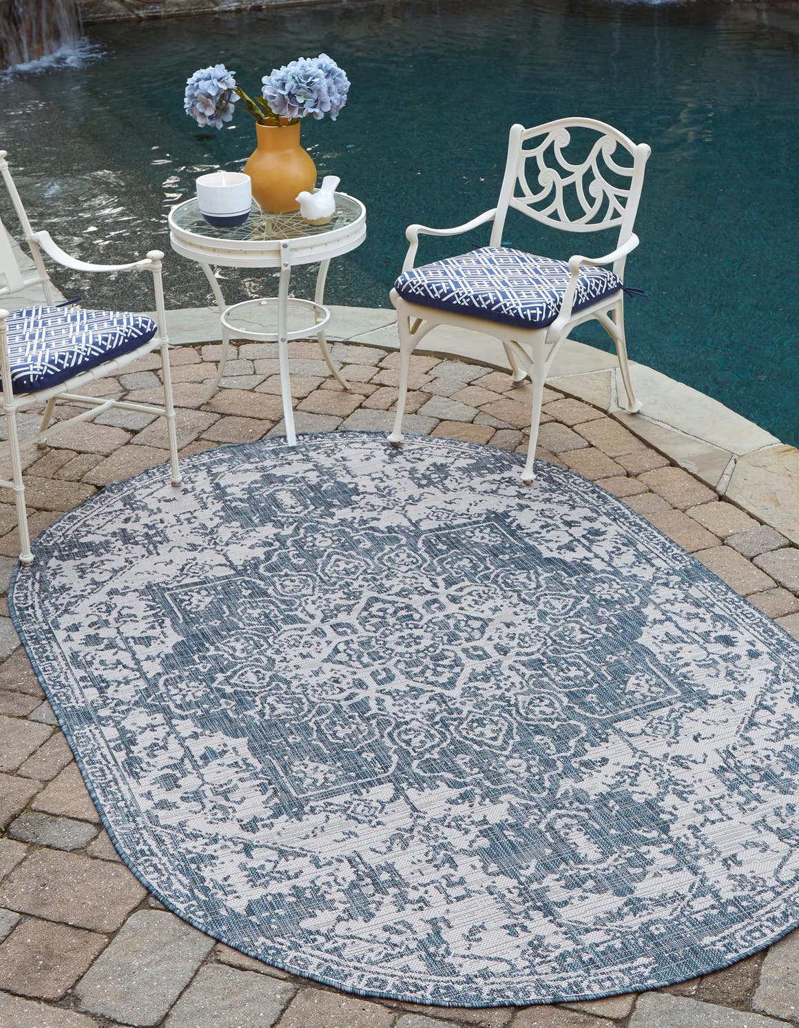 Blue 5' 3 x 8' Jill Zarin Outdoor Oval Area Rug Weather Resistant for Patio, Deck, Terrace, Balcony, Porch Durable 100% Polypropylene Carpet for Outside for Sale at Rug Engine
