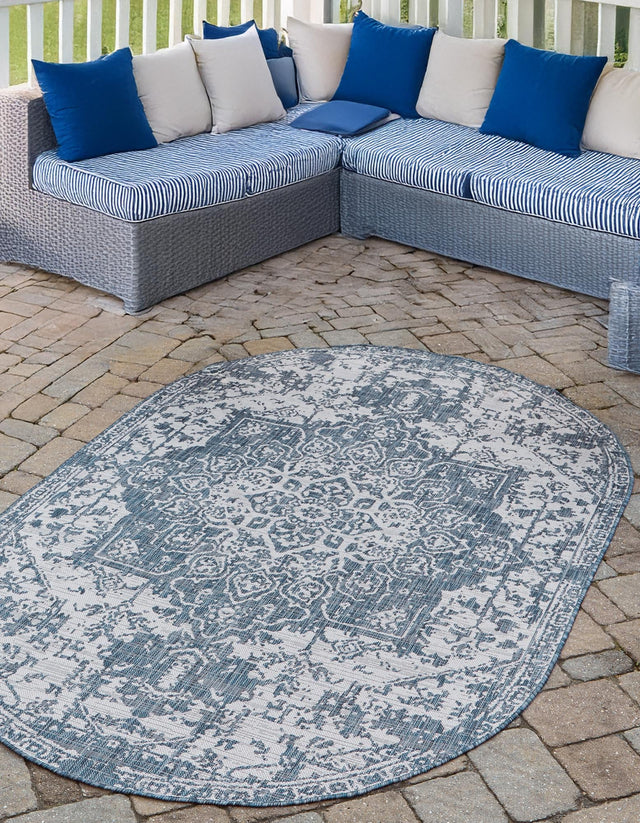 Blue 7' 10 x 10' Jill Zarin Outdoor Oval Area Rug Weather Resistant for Patio, Deck, Terrace, Balcony, Porch Durable 100% Polypropylene Carpet for Outside for Sale at Rug Engine