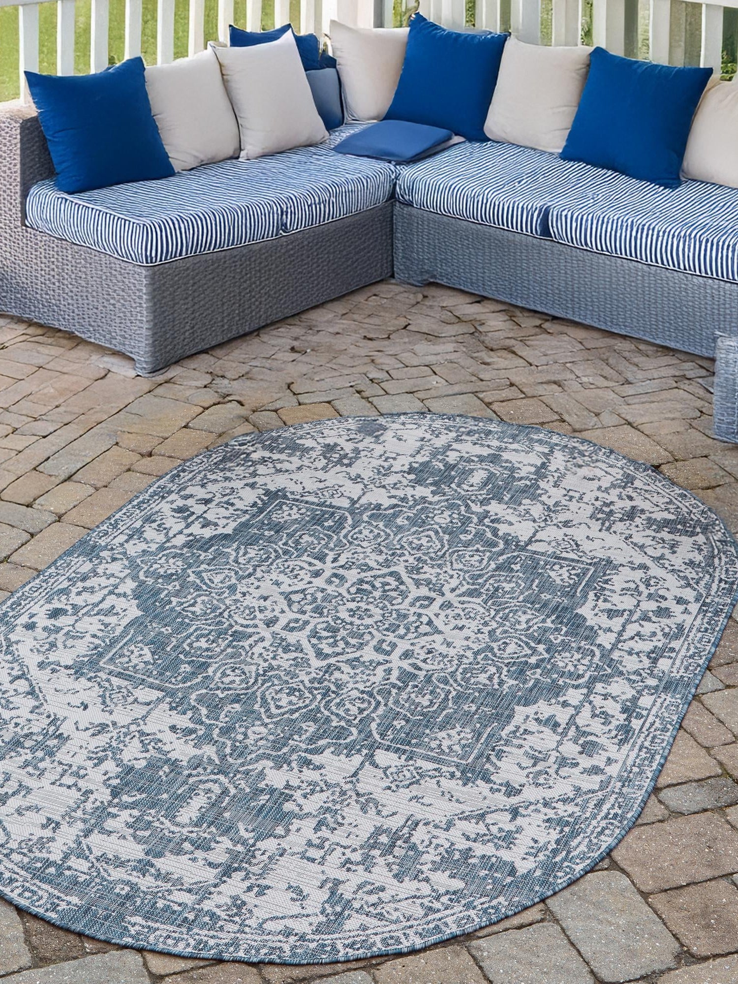 Blue 5' 3 x 8' Jill Zarin Outdoor Oval Area Rug Weather Resistant for Patio, Deck, Terrace, Balcony, Porch Durable 100% Polypropylene Carpet for Outside for Sale at Rug Engine