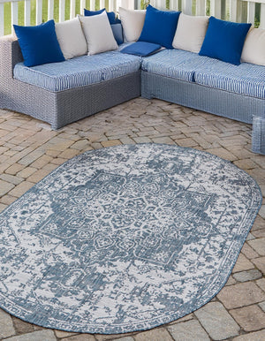 Blue 5' 3 x 8' Jill Zarin Outdoor Oval Area Rug Weather Resistant for Patio, Deck, Terrace, Balcony, Porch Durable 100% Polypropylene Carpet for Outside for Sale at Rug Engine