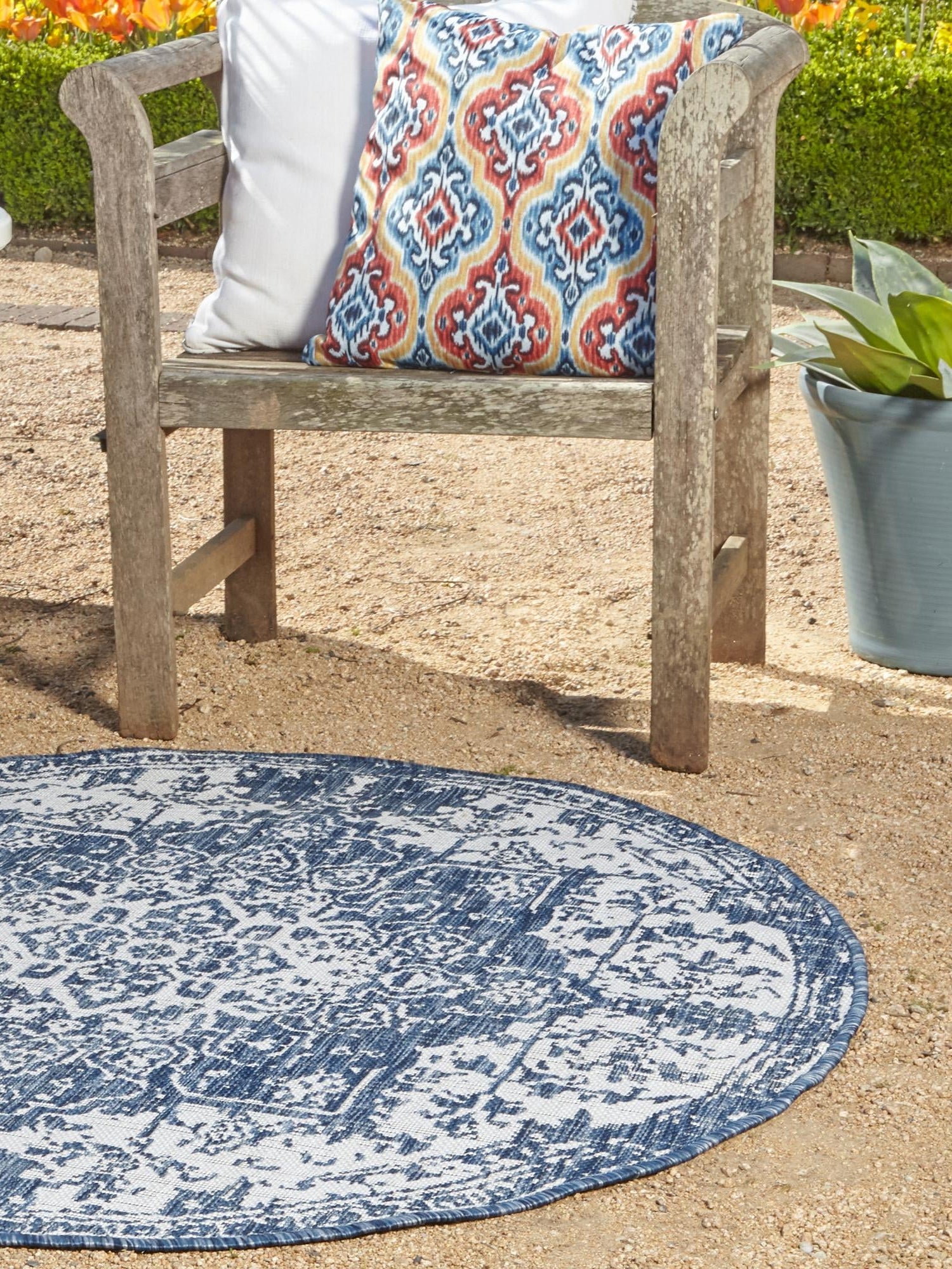 Blue 13' 1 x 13' 1 Jill Zarin Outdoor Round Area Rug Weather Resistant for Patio, Deck, Terrace, Balcony, Porch Durable 100% Polypropylene Carpet for Outside for Sale at Rug Engine