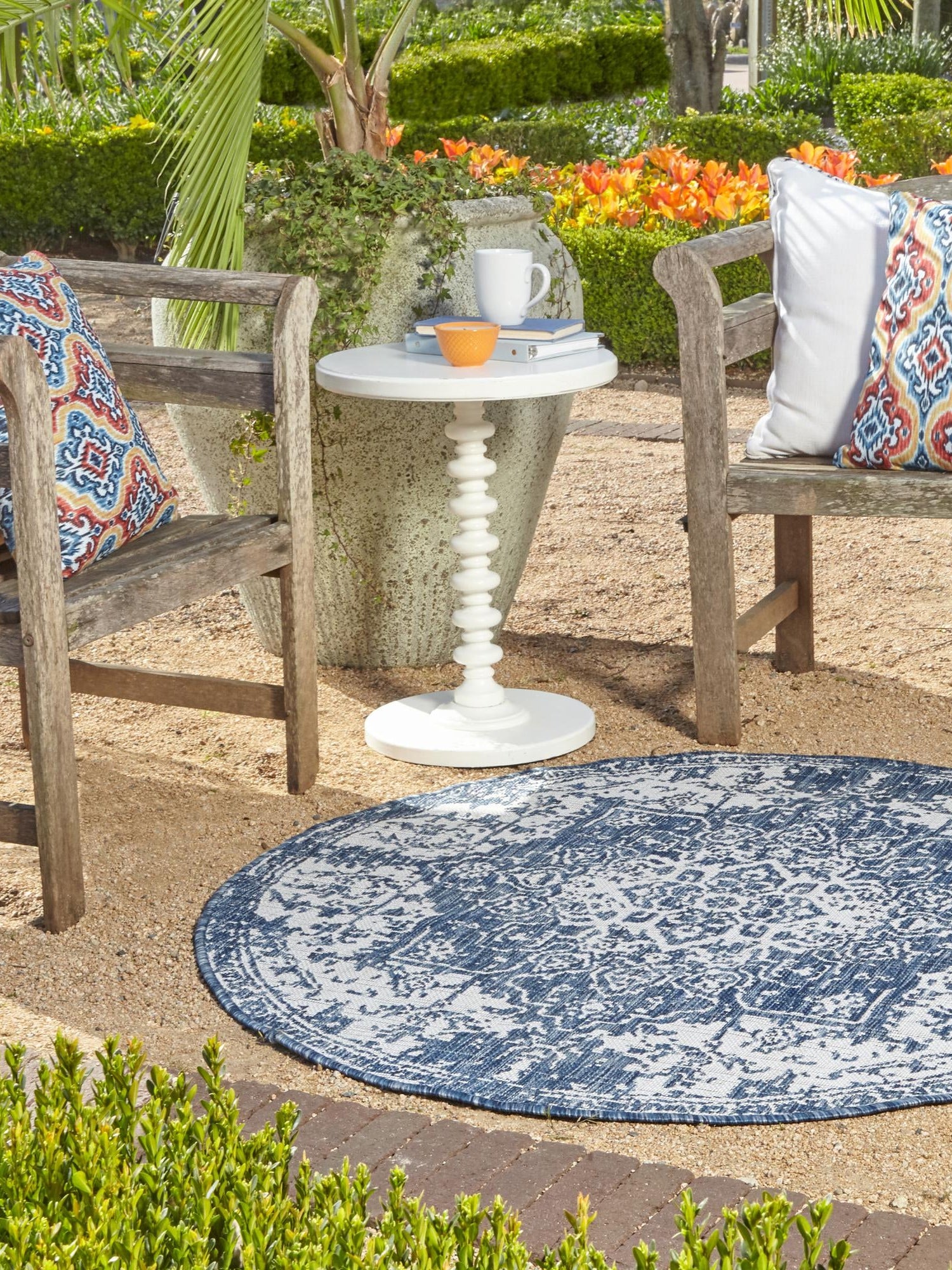 Blue 6' 7 x 6' 7 Jill Zarin Outdoor Round Area Rug Weather Resistant for Patio, Deck, Terrace, Balcony, Porch Durable 100% Polypropylene Carpet for Outside for Sale at Rug Engine
