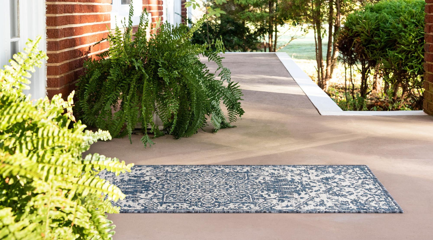 Blue 2' x 6' 1 Jill Zarin Outdoor Runner Area Rug Weather Resistant for Patio, Deck, Terrace, Balcony, Porch Durable 100% Polypropylene Carpet for Outside for Sale at Rug Engine