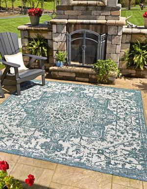 Teal 13' 1 x 13' 1 Jill Zarin Outdoor Square Area Rug Weather Resistant for Patio, Deck, Terrace, Balcony, Porch Durable 100% Polypropylene Carpet for Outside for Sale at Rug Engine