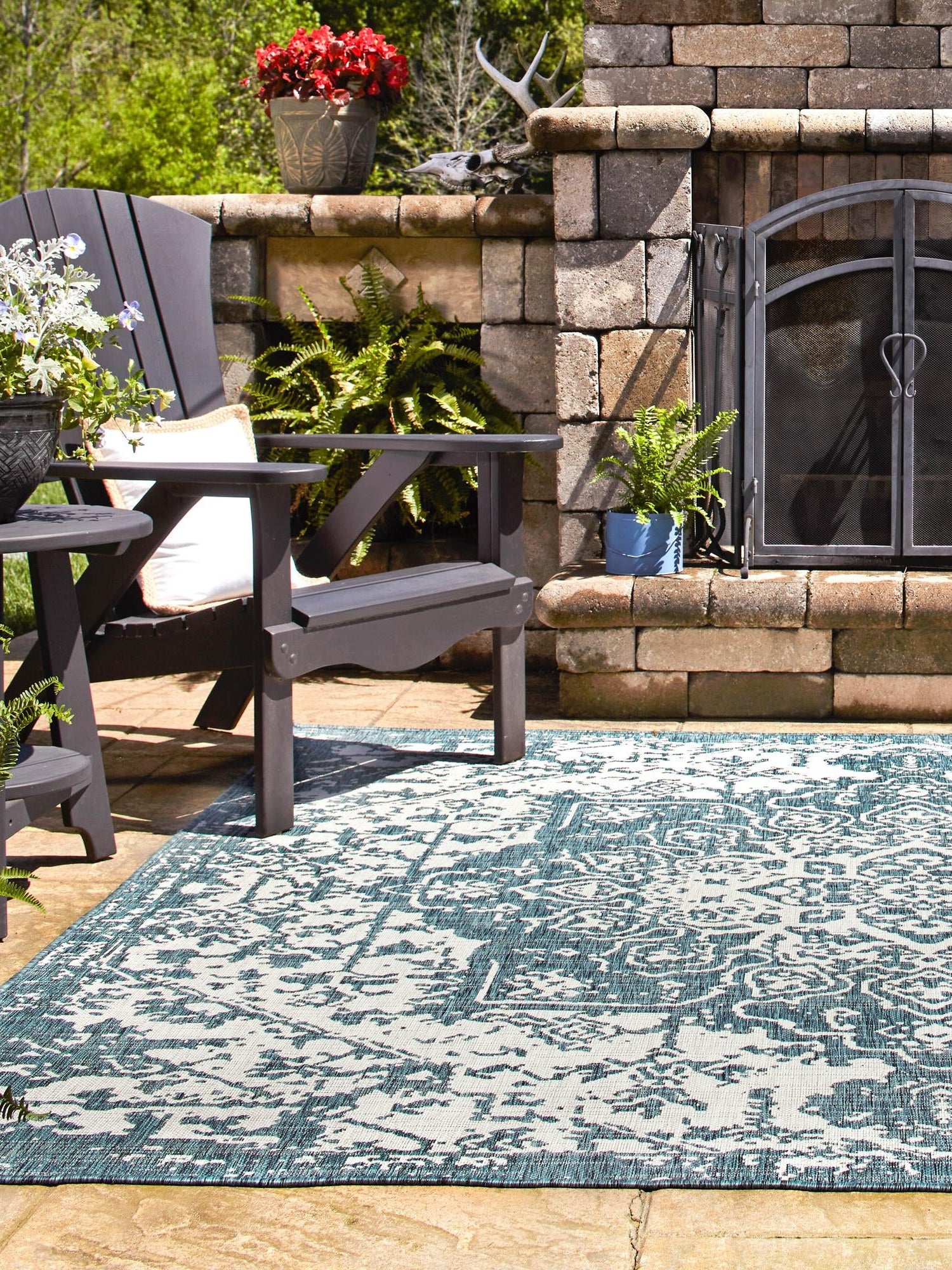 Teal 13' 1 x 13' 1 Jill Zarin Outdoor Square Area Rug Weather Resistant for Patio, Deck, Terrace, Balcony, Porch Durable 100% Polypropylene Carpet for Outside for Sale at Rug Engine