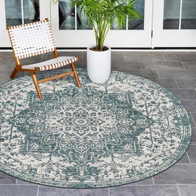 Teal 7' 1 x 7' 1 Jill Zarin Outdoor Round Area Rug Weather Resistant for Patio, Deck, Terrace, Balcony, Porch Durable 100% Polypropylene Carpet for Outside for Sale at Rug Engine