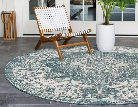 Teal 7' 1 x 7' 1 Jill Zarin Outdoor Round Area Rug Weather Resistant for Patio, Deck, Terrace, Balcony, Porch Durable 100% Polypropylene Carpet for Outside for Sale at Rug Engine