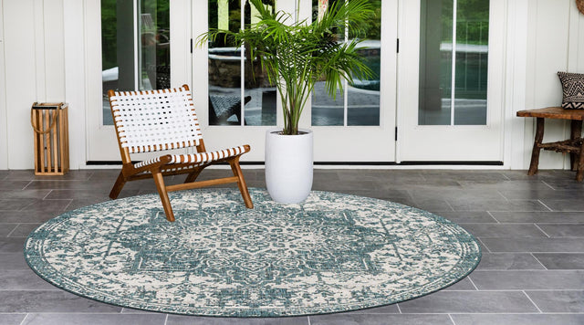 Teal 7' 1 x 7' 1 Jill Zarin Outdoor Round Area Rug Weather Resistant for Patio, Deck, Terrace, Balcony, Porch Durable 100% Polypropylene Carpet for Outside for Sale at Rug Engine