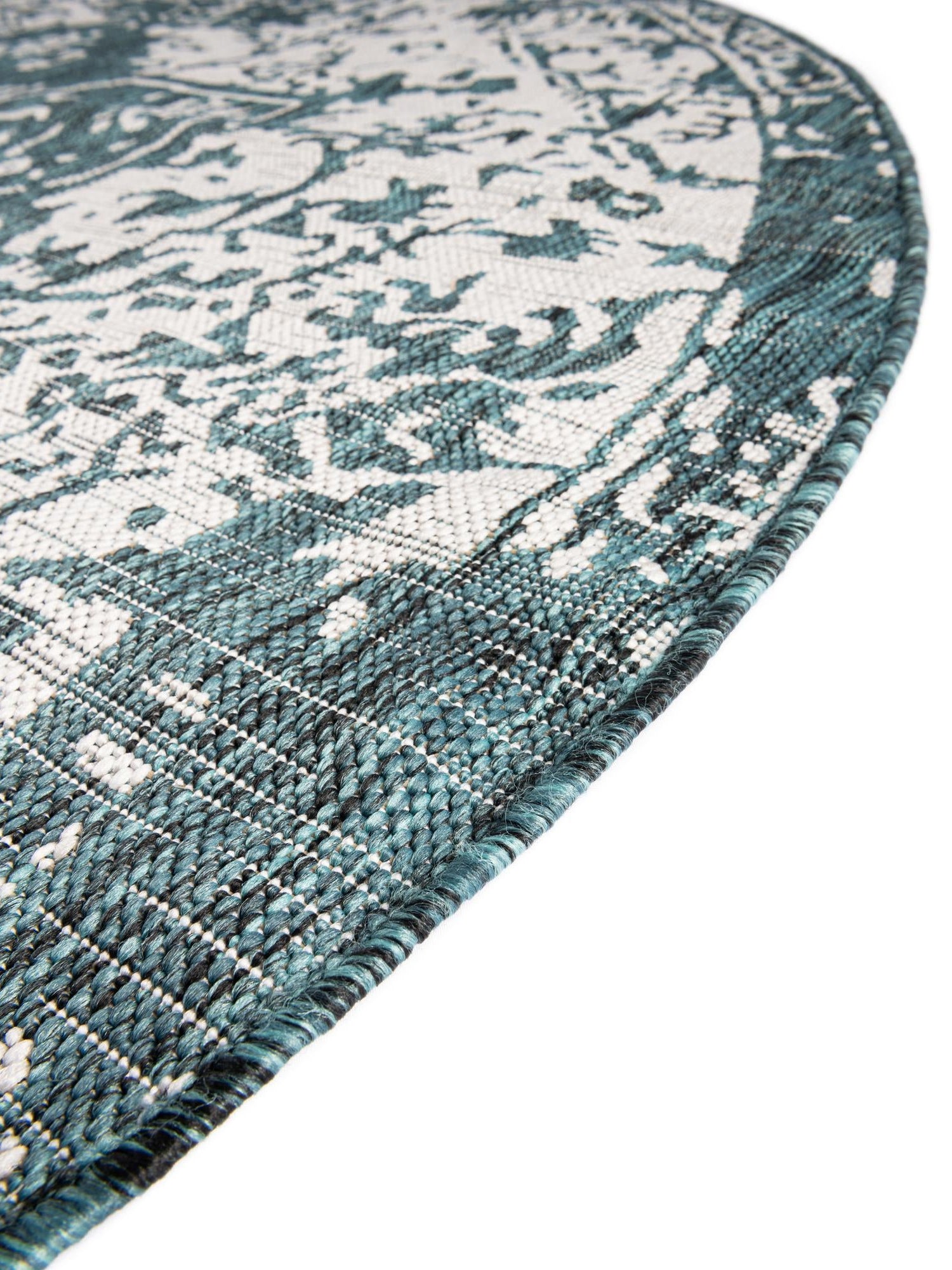 Teal 7' 1 x 7' 1 Jill Zarin Outdoor Round Area Rug Weather Resistant for Patio, Deck, Terrace, Balcony, Porch Durable 100% Polypropylene Carpet for Outside for Sale at Rug Engine