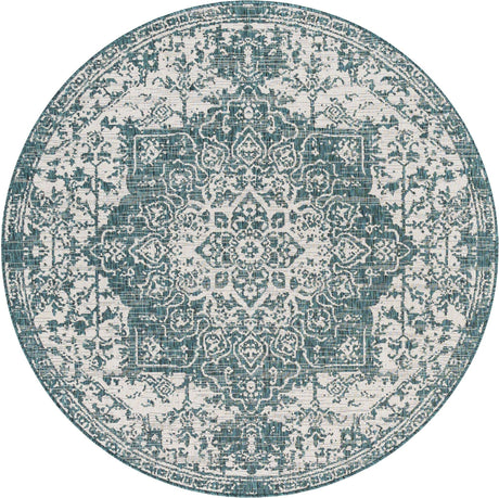 Teal 7' 1 x 7' 1 Jill Zarin Outdoor Round Area Rug Weather Resistant for Patio, Deck, Terrace, Balcony, Porch Durable 100% Polypropylene Carpet for Outside for Sale at Rug Engine