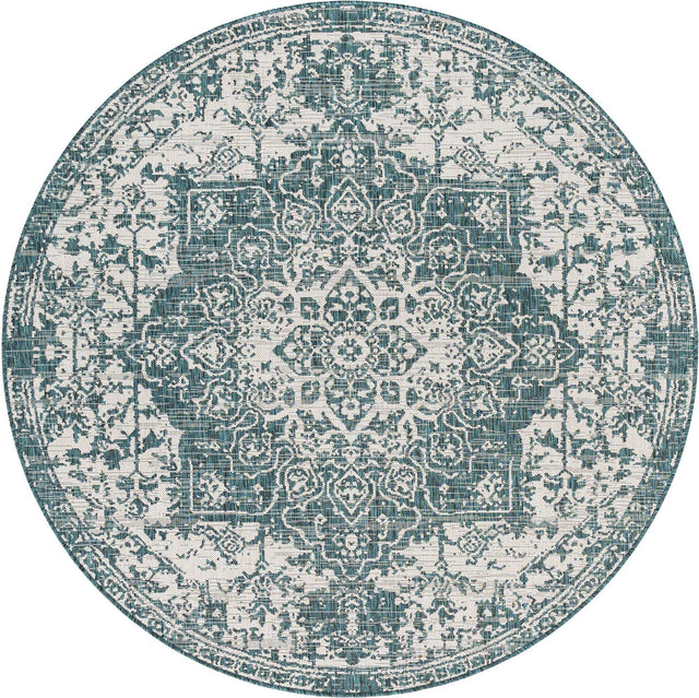 Teal 7' 1 x 7' 1 Jill Zarin Outdoor Round Area Rug Weather Resistant for Patio, Deck, Terrace, Balcony, Porch Durable 100% Polypropylene Carpet for Outside for Sale at Rug Engine