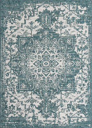 Teal 5' 3 x 8' Jill Zarin Outdoor Rectangle Area Rug Weather Resistant for Patio, Deck, Terrace, Balcony, Porch Durable 100% Polypropylene Carpet for Outside for Sale at Rug Engine
